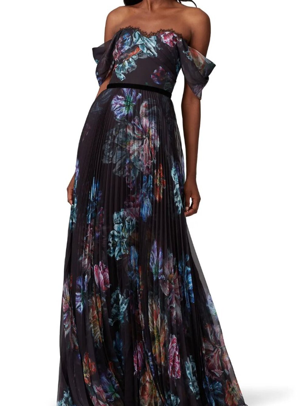 Marchesa Notte Black Floral Chiffon Maxi Dress